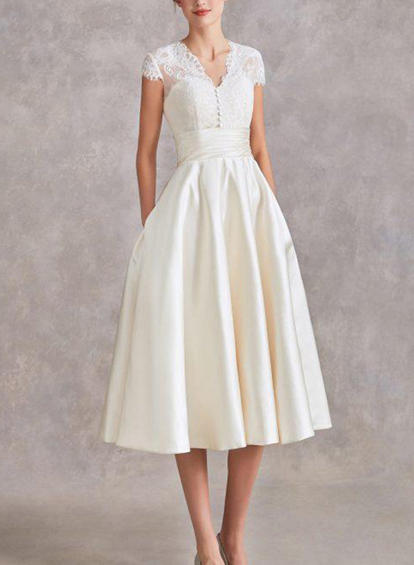 V-Neck Short Sleeves Tea-Length Satin Wedding Dresses Lace-Ballbride