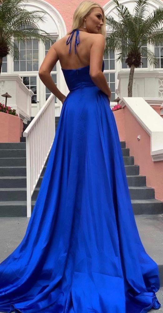 V-Neck Slit Prom Dress On Sale - Halter Long Evening Party Gowns-BallBride