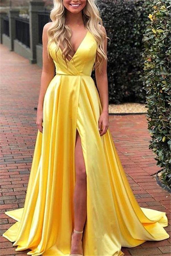 V-Neck Slit Prom Dress On Sale - Halter Long Evening Party Gowns-BallBride