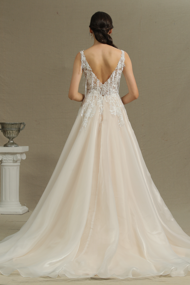 V-Neck Straps A-Line Backless Wedding Dress with Appliques-BallBride