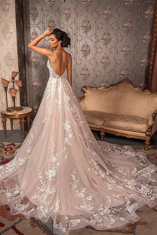 V-Neck Tulle A-Line Lace Appliques Wedding Dress-BallBride