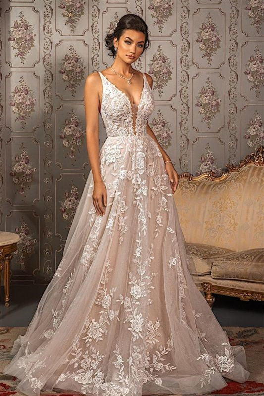 V-Neck Tulle A-Line Lace Appliques Wedding Dress-BallBride