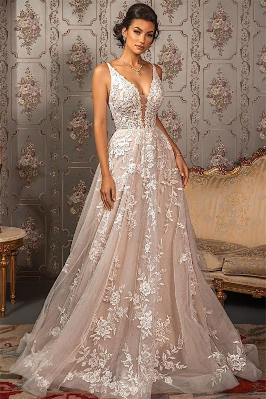 V-Neck Tulle A-Line Lace Appliques Wedding Dress-BallBride