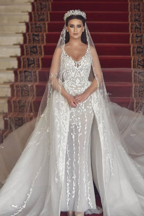 V-neck Tulle Lace Long Mermaid Wedding Dress With Detachable Train-BallBride