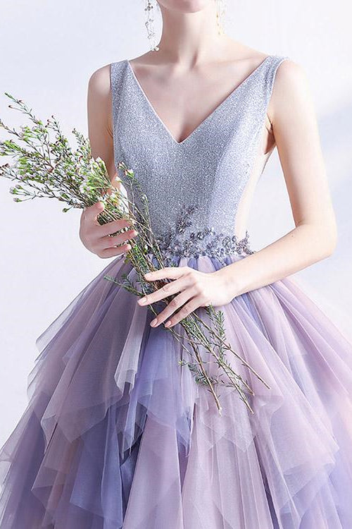V-Neck Tulle Layered Prom Dress With Beads Online - Sleeveless Long-BallBride