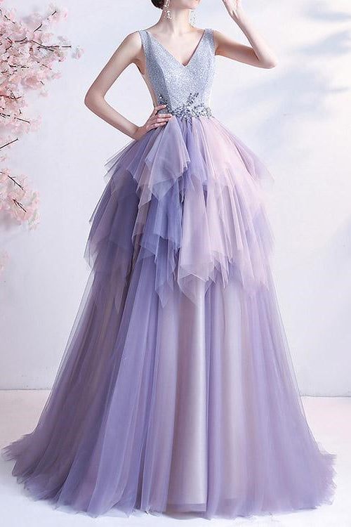 V-Neck Tulle Layered Prom Dress With Beads Online - Sleeveless Long-BallBride