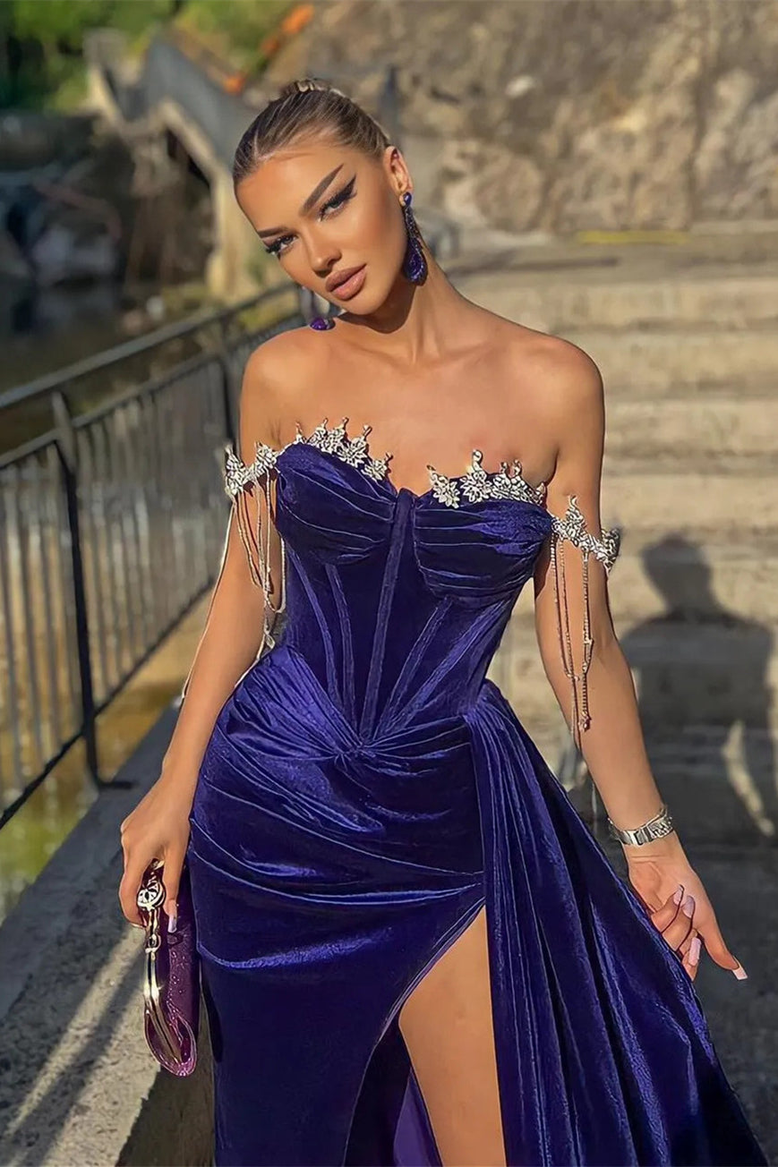 Velvet Off-the-Shoulder Mermaid Prom Dress with Split Beads and Ruffles-BallBride