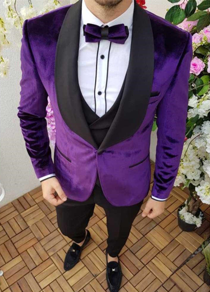 Velvet Smoking Tuxedos for Men - Classic Purple Black Shawl Lapel Blazer for Weddings-BallBride