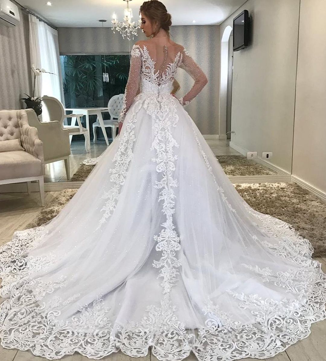 Vintage A-Line Sweetheart Off-the-Shoulder Wedding Dress with Long Sleeves, Appliques, Lace and Sequins-BallBride