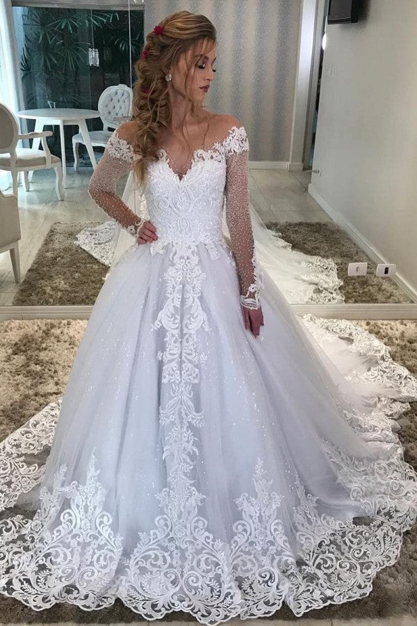 Vintage A-Line Sweetheart Off-the-Shoulder Wedding Dress with Long Sleeves, Appliques, Lace and Sequins-BallBride