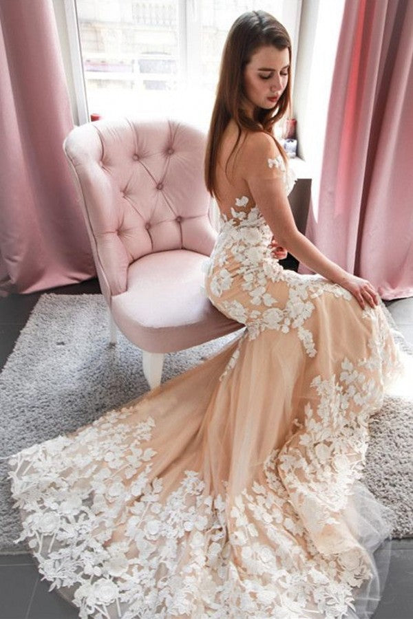 Vintage Off-the-Shoulder Floor-length Mermaid Wedding Dress With Appliques Lace-BallBride