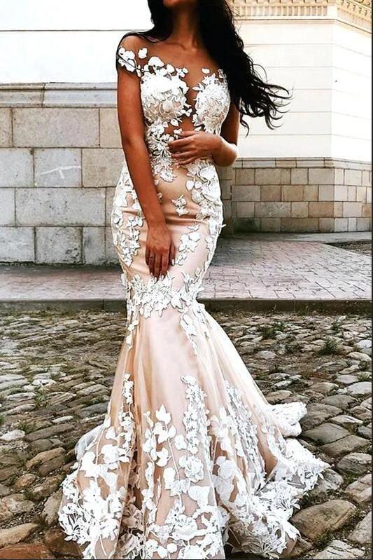 Vintage Off-the-Shoulder Floor-length Mermaid Wedding Dress With Appliques Lace-BallBride
