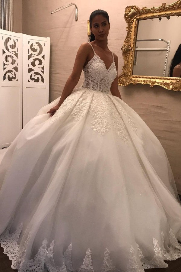 Vintage Spaghetti-Straps V-neck Floor-length Ball Gown Wedding Dress with Appliques Lace and Tulle-BallBride