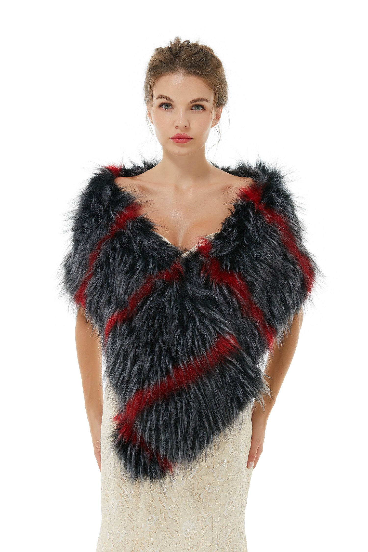 Warm Grey and Red Winter Faux Fur Wrap for Brides-BallBride