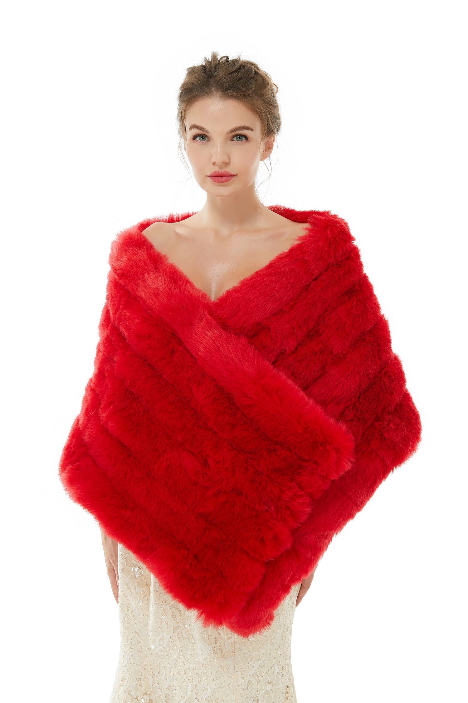 Warm Red Faux Fur Wedding Shawl - Bridal Wrap Online-BallBride