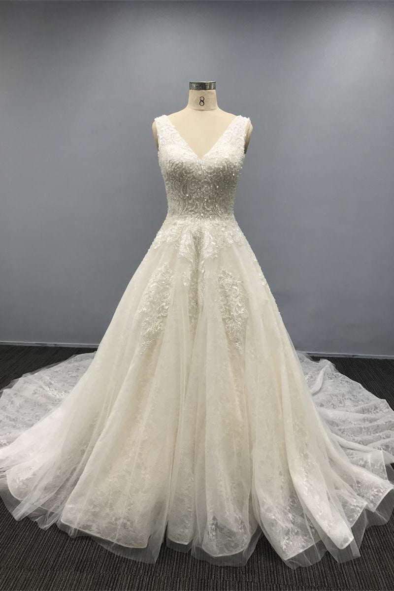 White A Line Sleeveless Tulle Sweetheart Wedding Dress with Appliques and Sequins for Court-BallBride