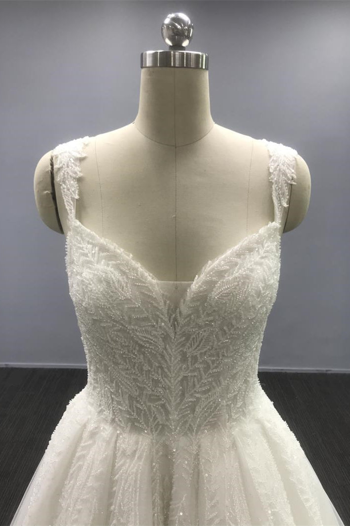 White A-Line Tulle Wedding Dress with Sequins and Spaghetti Straps Open Back-BallBride