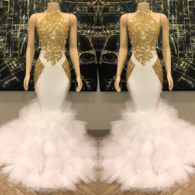White And Gold Halter Sleeveless Appliques Ruffles Prom Dress-BallBride