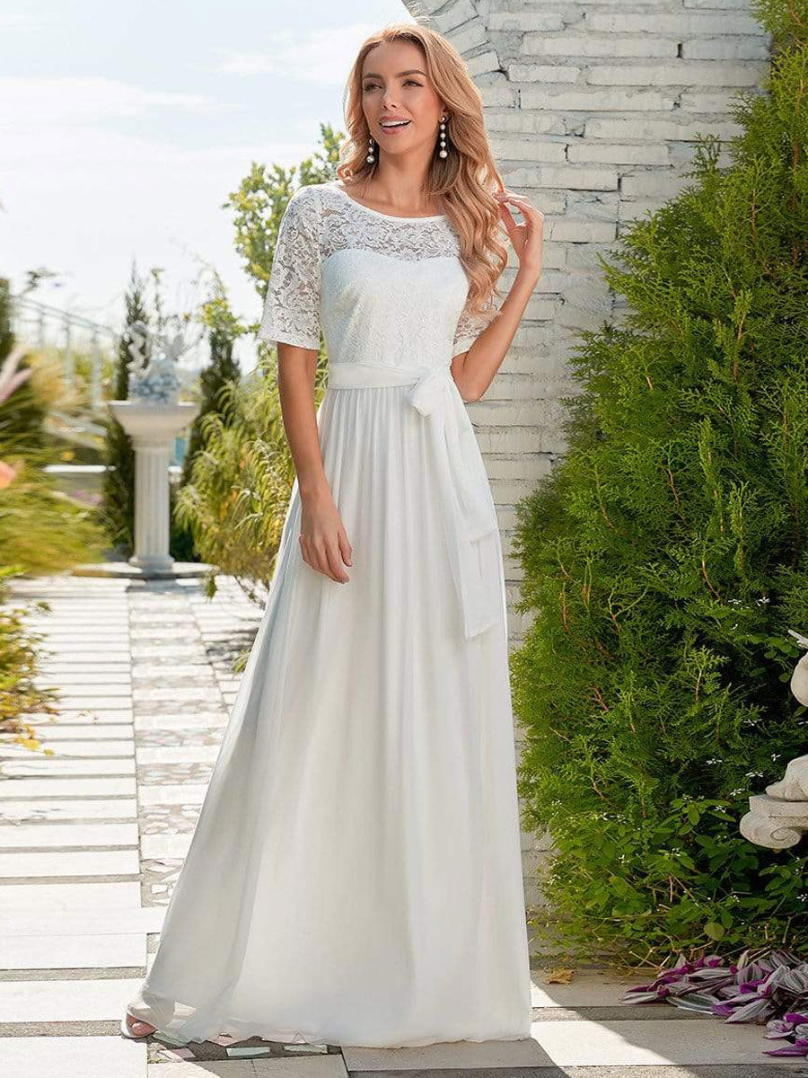 White Casual Wedding Dress Chiffon Jewel Neck Short Sleeves Sash A-Line Long Bridal Gowns-BallBride