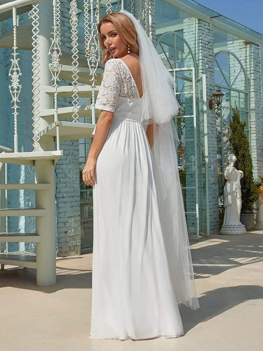 White Casual Wedding Dress Chiffon Jewel Neck Short Sleeves Sash A-Line Long Bridal Gowns-BallBride