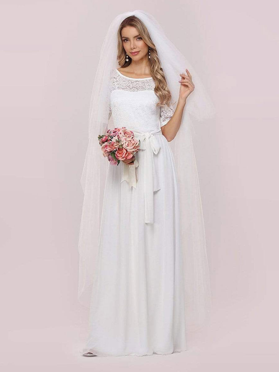 White Casual Wedding Dress Chiffon Jewel Neck Short Sleeves Sash A-Line Long Bridal Gowns-BallBride