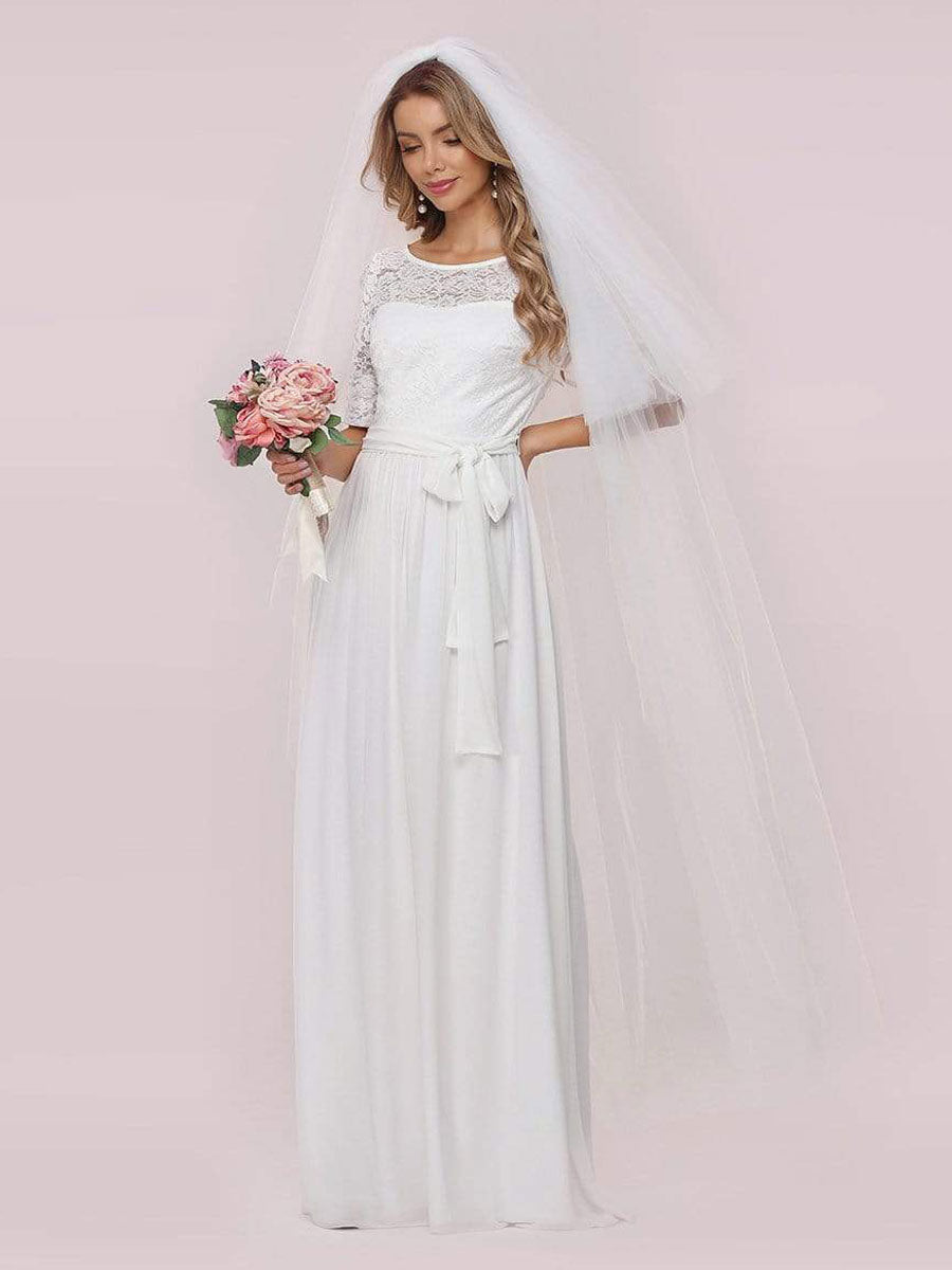 White Casual Wedding Dress Chiffon Jewel Neck Short Sleeves Sash A-Line Long Bridal Gowns-BallBride
