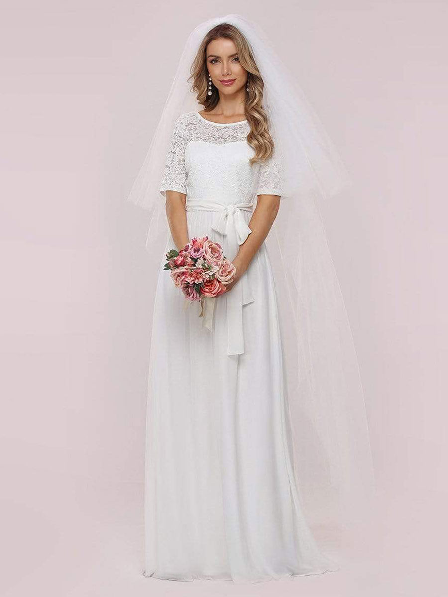 White Casual Wedding Dress Chiffon Jewel Neck Short Sleeves Sash A-Line Long Bridal Gowns-BallBride