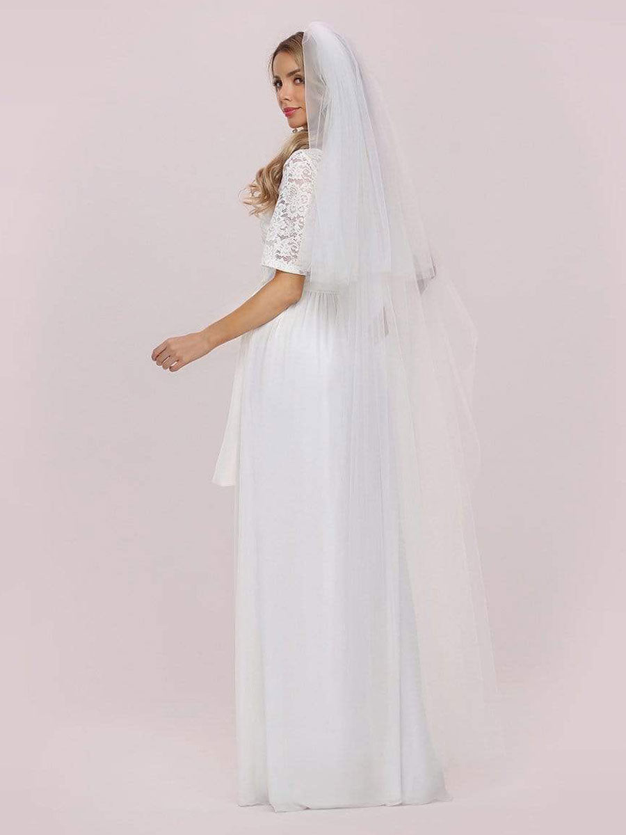 White Casual Wedding Dress Chiffon Jewel Neck Short Sleeves Sash A-Line Long Bridal Gowns-BallBride