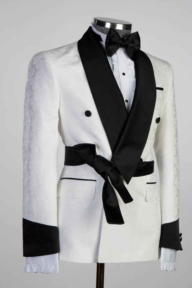 White Double Breasted Shawl Lapel Jacquard Wedding Suit for Men by Cuthbert Fashion-BallBride