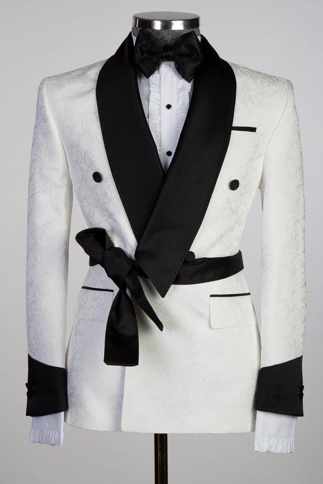 White Double Breasted Shawl Lapel Jacquard Wedding Suit for Men by Cuthbert Fashion-BallBride