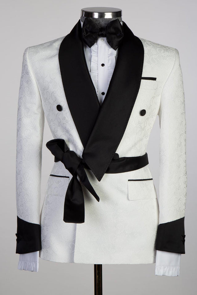 White Double Breasted Shawl Lapel Jacquard Wedding Suit for Men by Cuthbert Fashion-BallBride