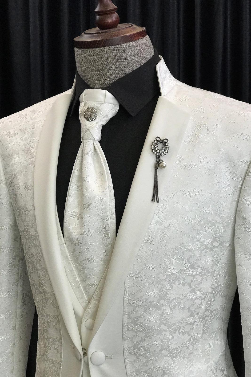 White Jacquard 3-Piece Wedding Suits with Special Lapel-BallBride