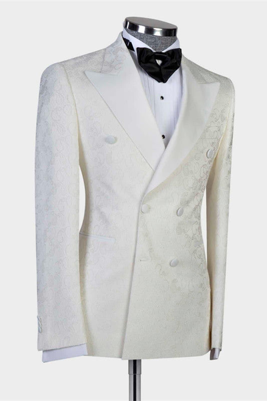 White Jacquard Peaked Lapel Wedding Suit for Men-BallBride
