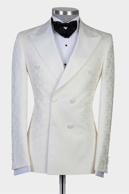 White Jacquard Peaked Lapel Wedding Suit for Men-BallBride