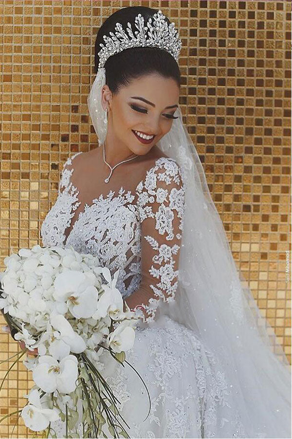 White Lace Mermaid Long Sleeves Wedding Dress-BallBride