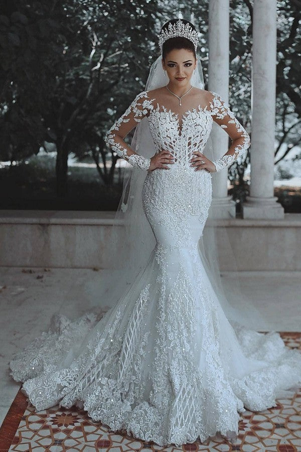 White Lace Mermaid Long Sleeves Wedding Dress-BallBride