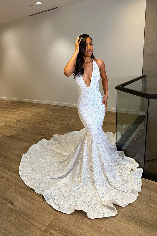 White Laser Light Mermaid Princess Prom Dress with Deep V Neck and Trumpet Open Back-BallBride