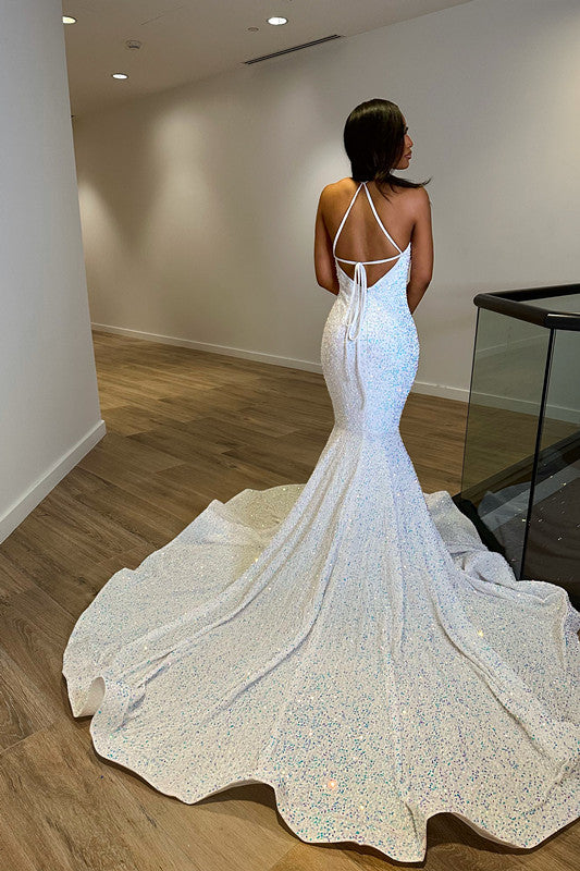 White Laser Light Mermaid Princess Prom Dress with Deep V Neck and Trumpet Open Back-BallBride