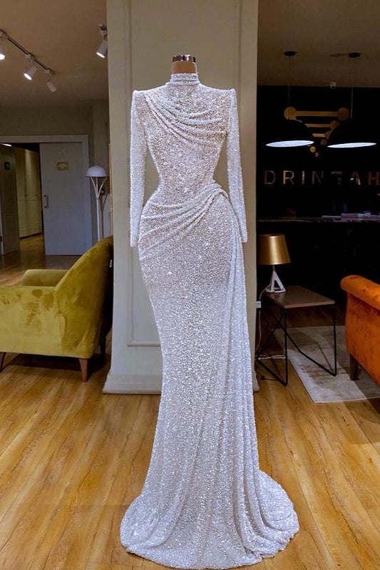 White Long-Sleeve Sequins High Neck Sheath Prom Dress-BallBride