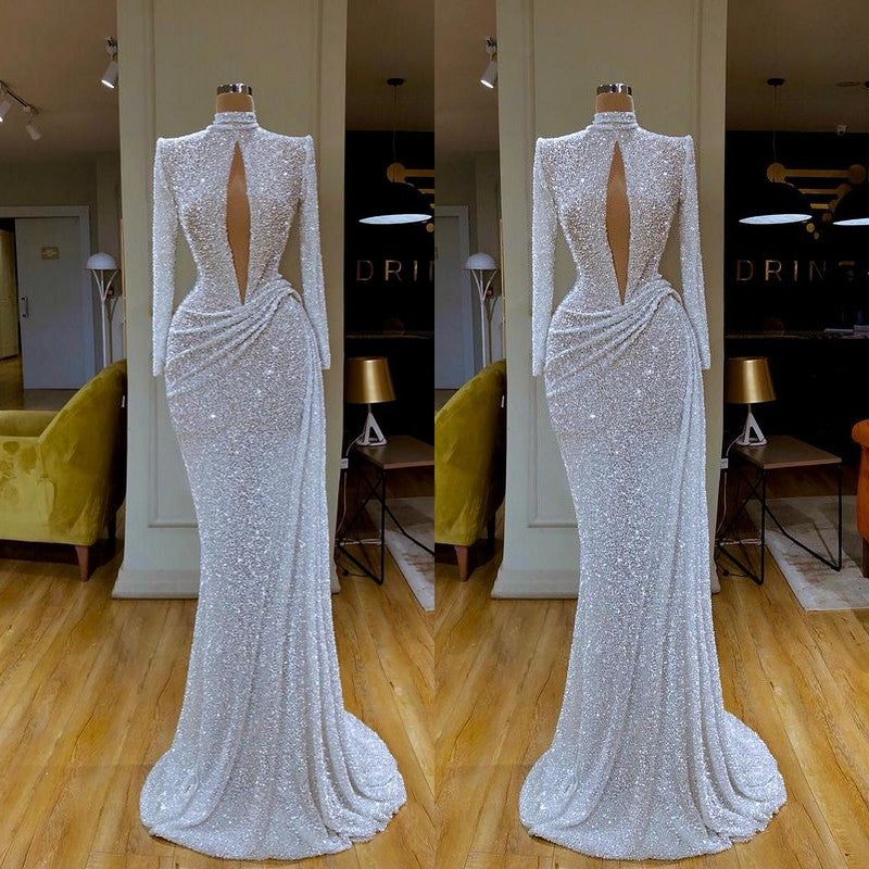 White Long Sleeves High Neck Sequins Prom Dress with Keyhole-BallBride