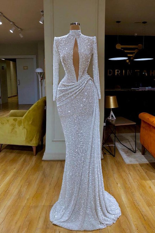 White Long Sleeves High Neck Sequins Prom Dress with Keyhole-BallBride