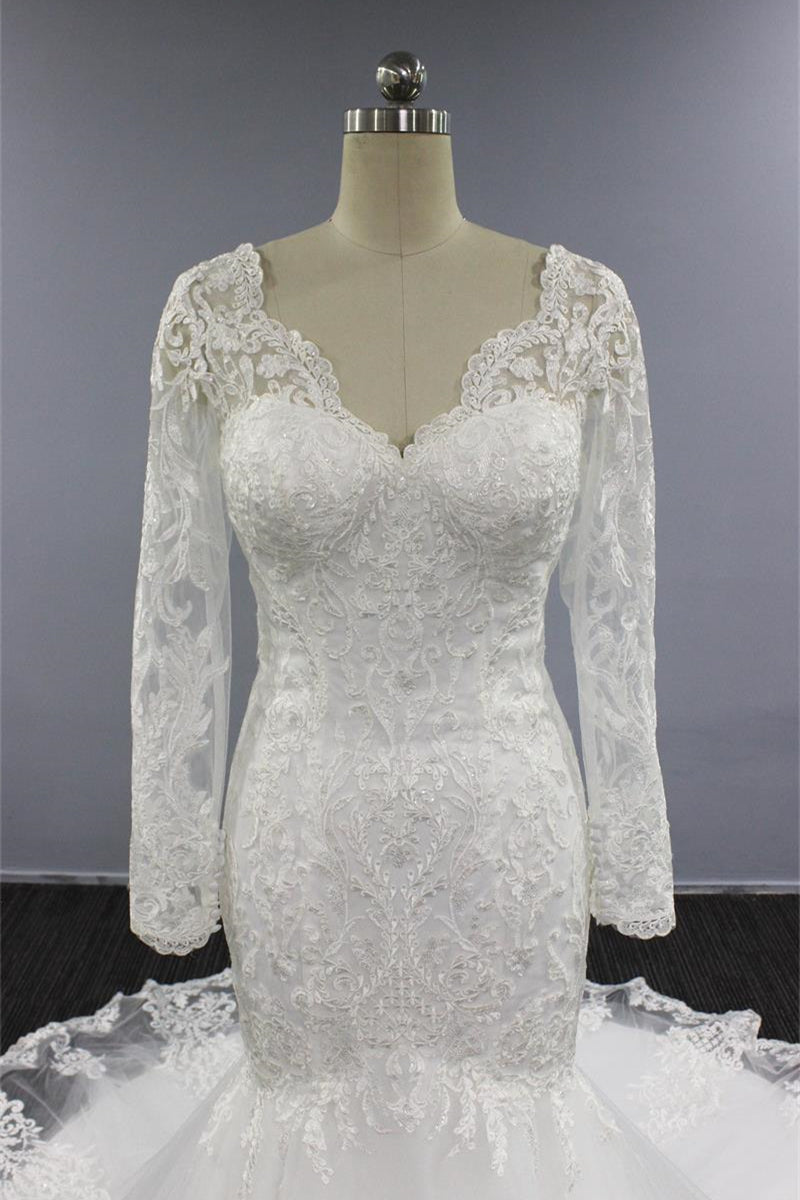 White Long Sleeves V Neck Tulle Wedding Dress Mermaid A Line With Appliques-BallBride