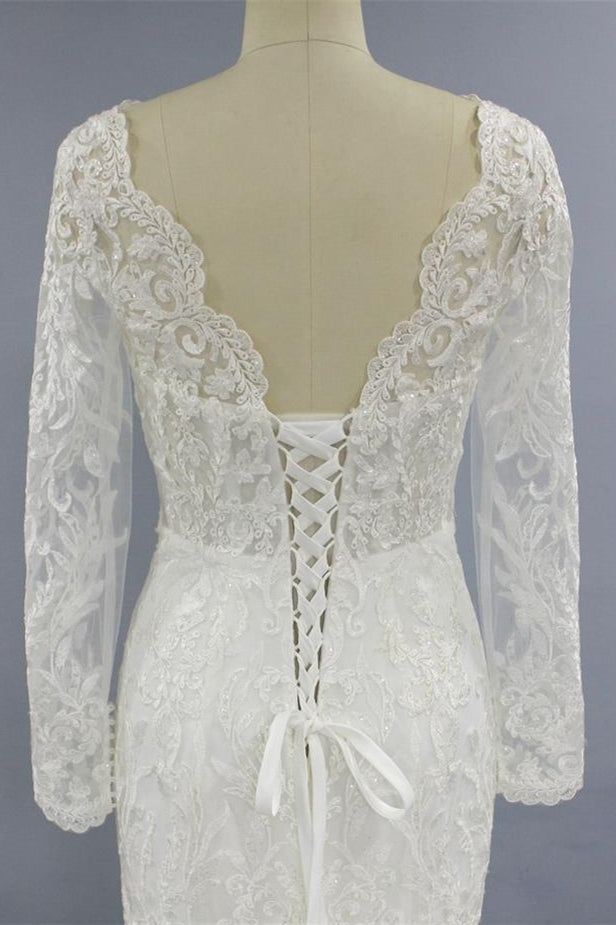 White Long Sleeves V Neck Tulle Wedding Dress Mermaid A Line With Appliques-BallBride