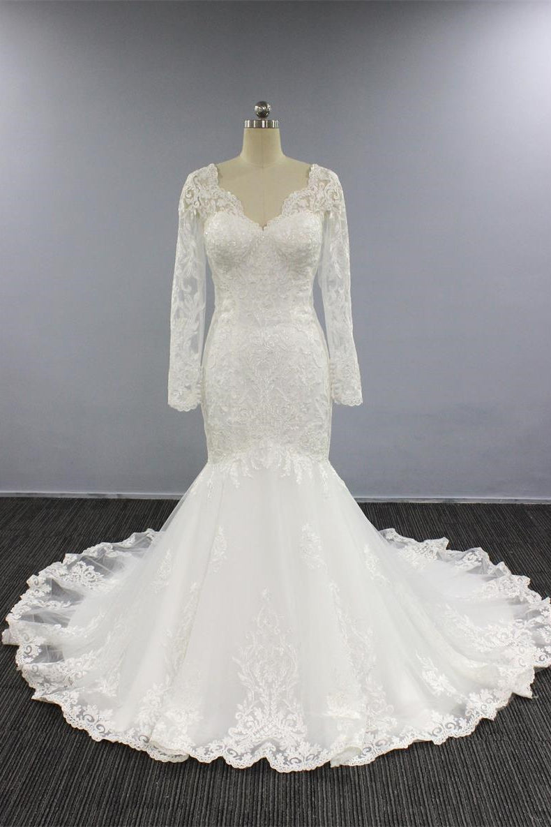 White Long Sleeves V Neck Tulle Wedding Dress Mermaid A Line With Appliques-BallBride