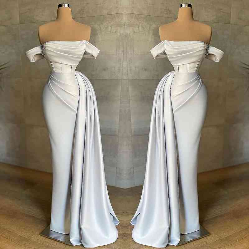 White Mermaid Off-The-Shoulder Prom Dress-BallBride