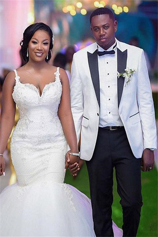 White One Button Peaked Lapel Wedding Groom Suit-BallBride