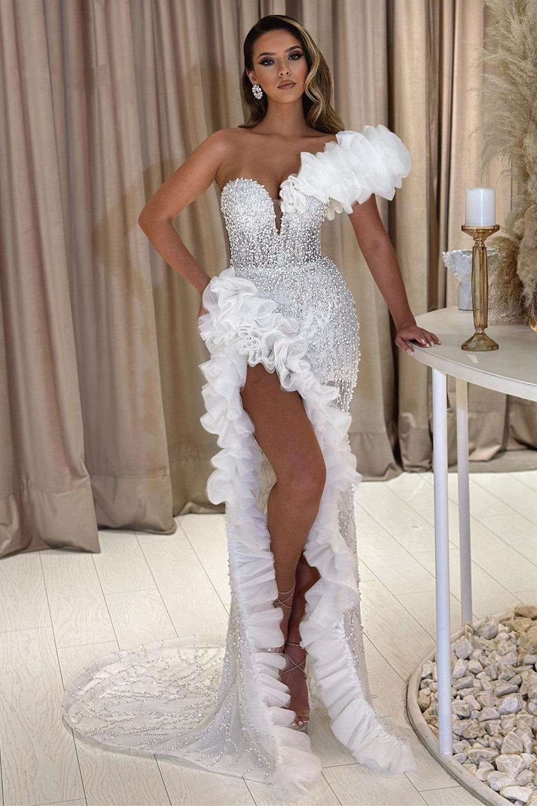 White One Shoulder Mermaid Prom Dress with Slit and Beads-BallBride