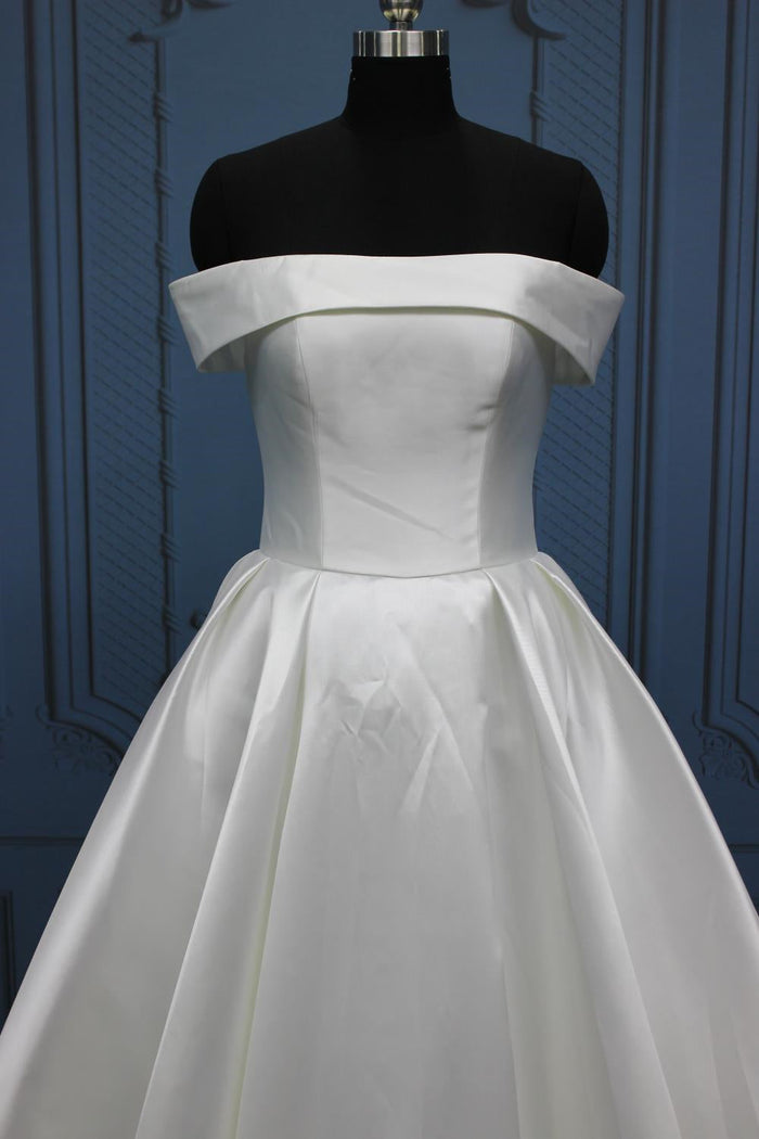 Chic A line Off The Shoulder White Wedding Dress With Short Sleeves C1460