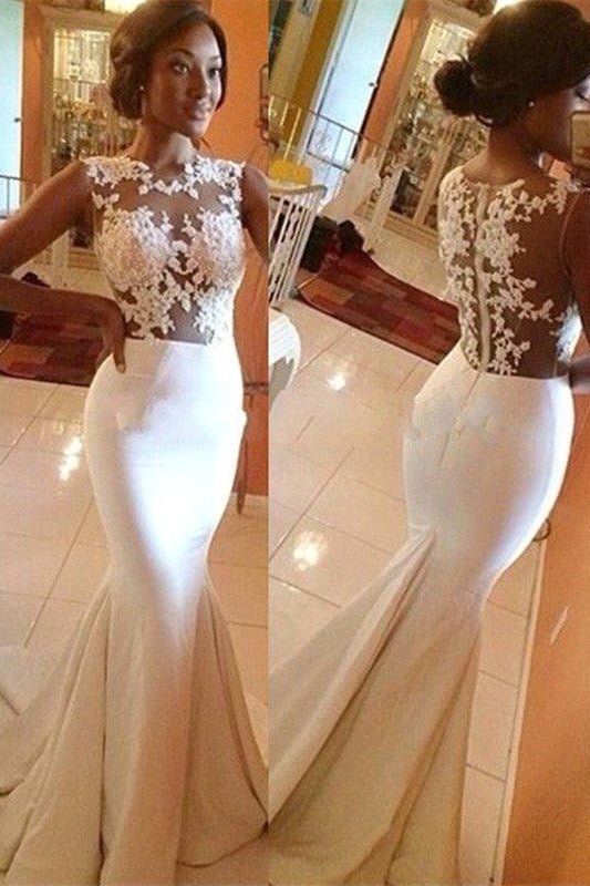 White Sleeveless Mermaid Prom Dress with Appliques-BallBride