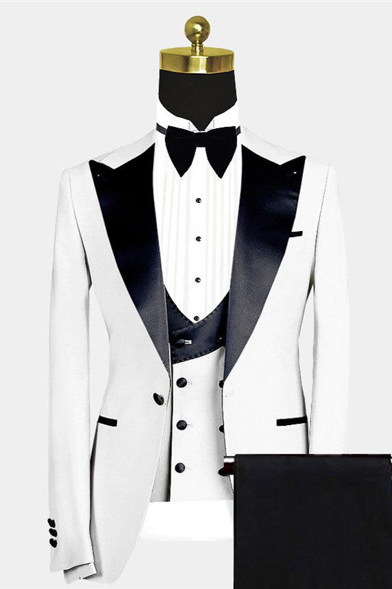 White Slim Fit Peaked Lapel Wedding Suit For Men-BallBride